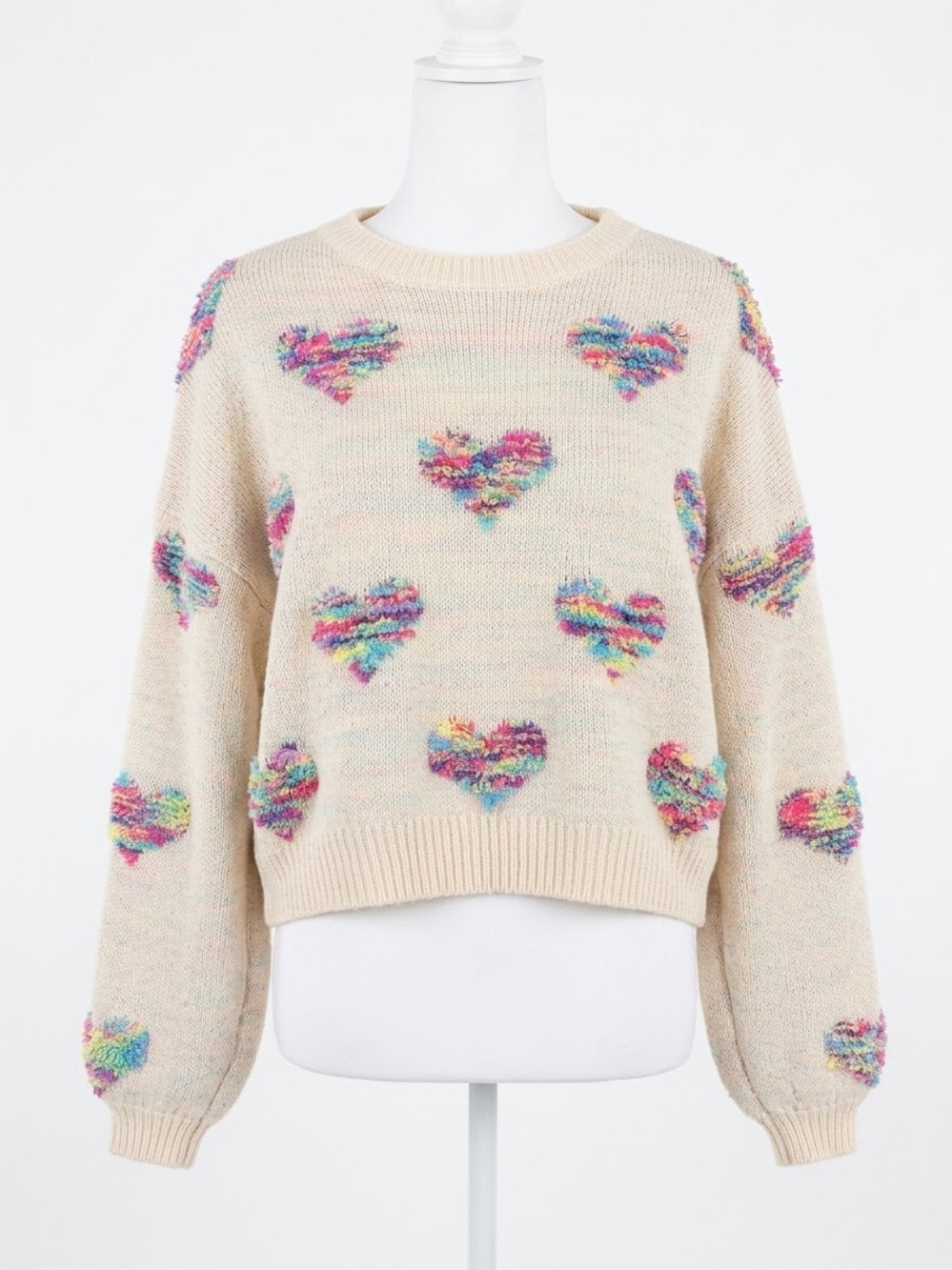 Boutique Cream Multicolor Rainbow Fuzzy Heart Cropped Knit Sweater - Size Small
